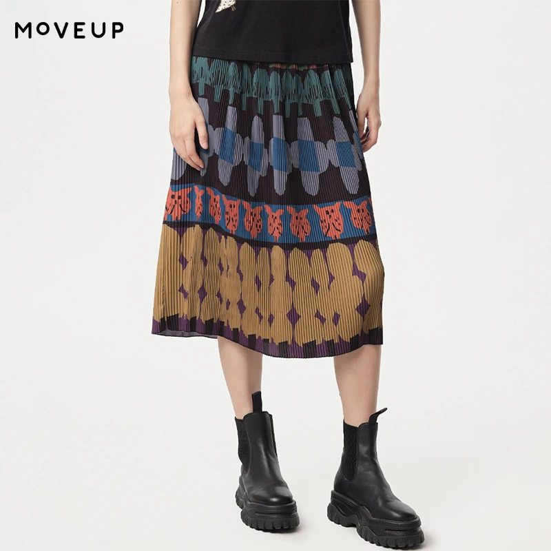 

MOVEUP Casual A-Line Skirt 2026 Spring New Pleated Plant Print Elastic Waist Loose Personalized Retro Commuting Skirt 324120603