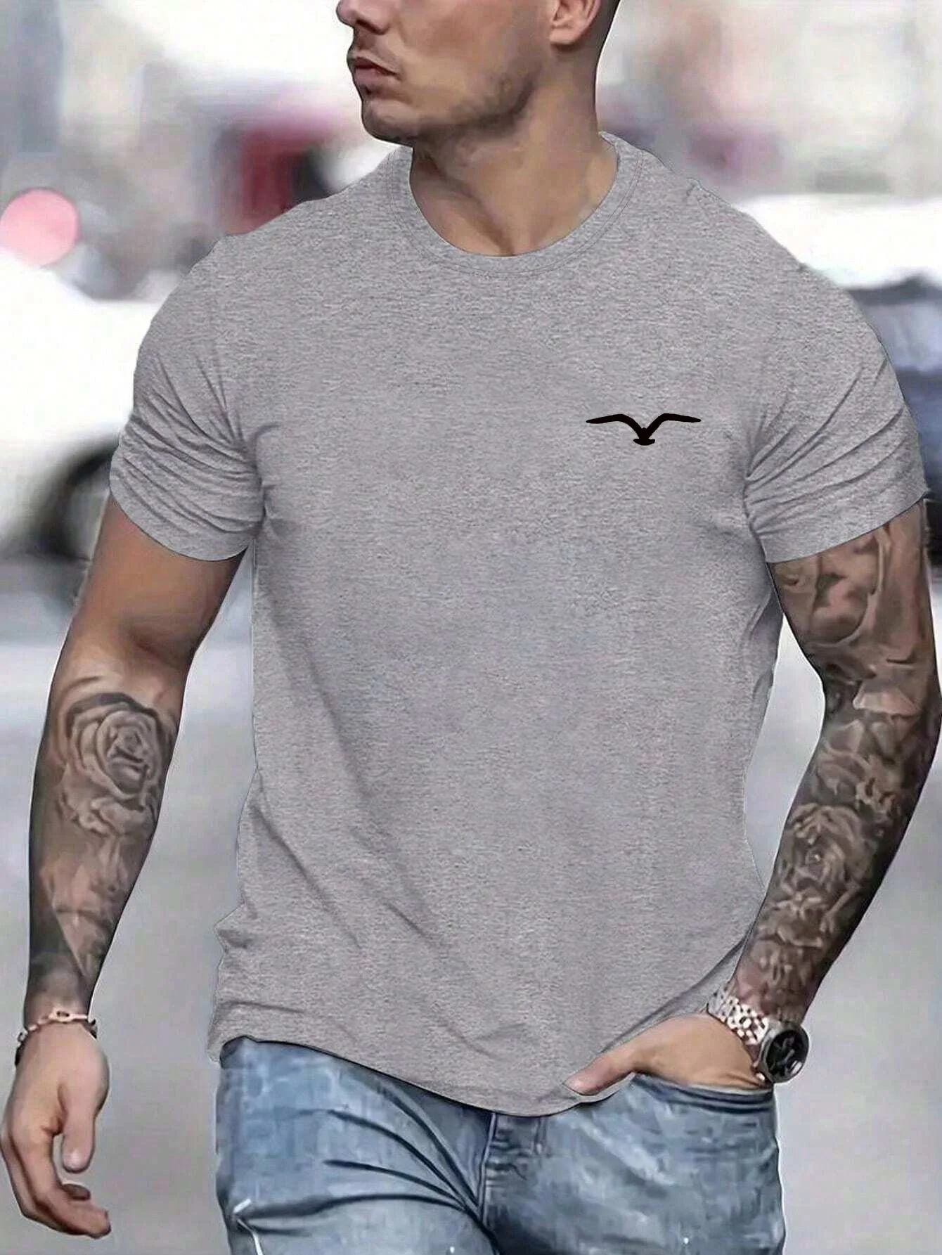 Men's 100% cotton summer loose and comfortable Bird Graphic printed slim fit casual sports round neck short sleeved T-shirt top image 3