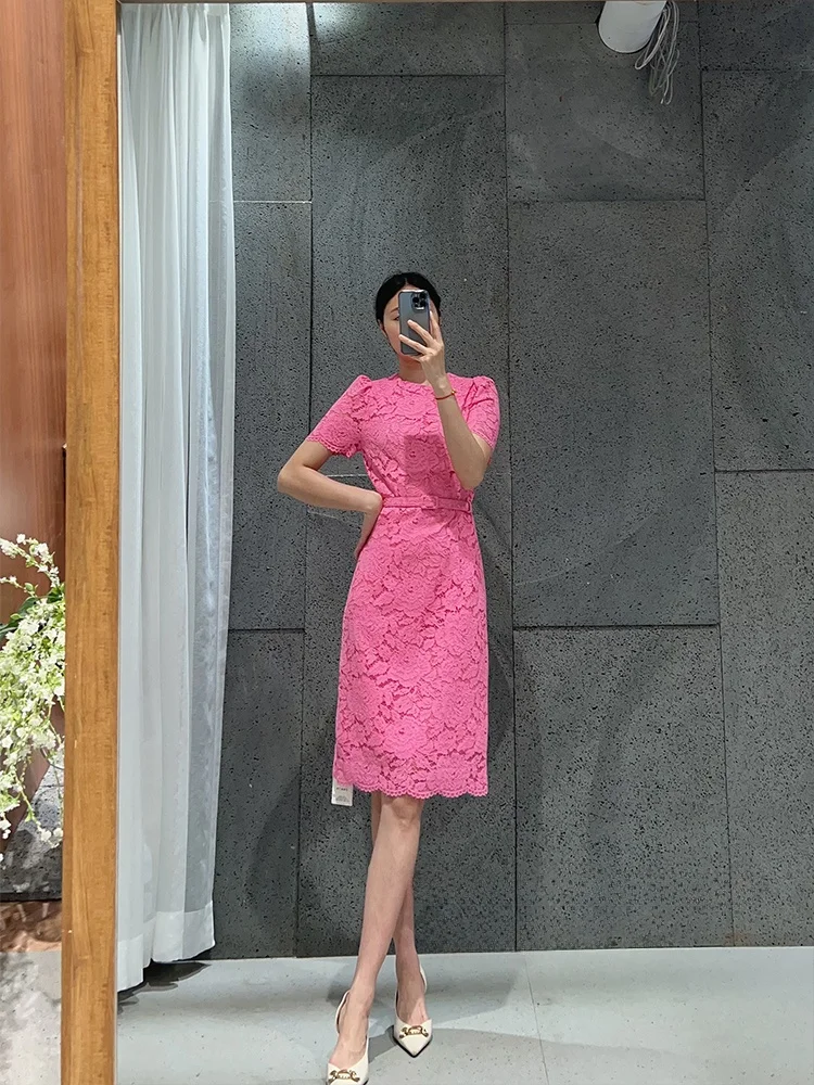 

Черная кружевная юбка с круглым вырезом для офиса, с эффектом утяжки талии, летняя, из смесового хлопка, цельная, с коротким рукавом