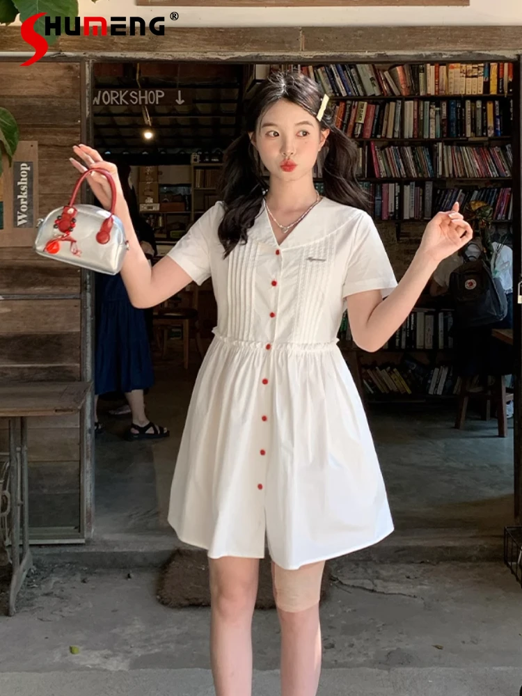 

Japanese Sweet Cute Preppy Style JK Dress Navy Collar Short Sleeve Single-breasted High Waist A-line Short Dress Women Summer