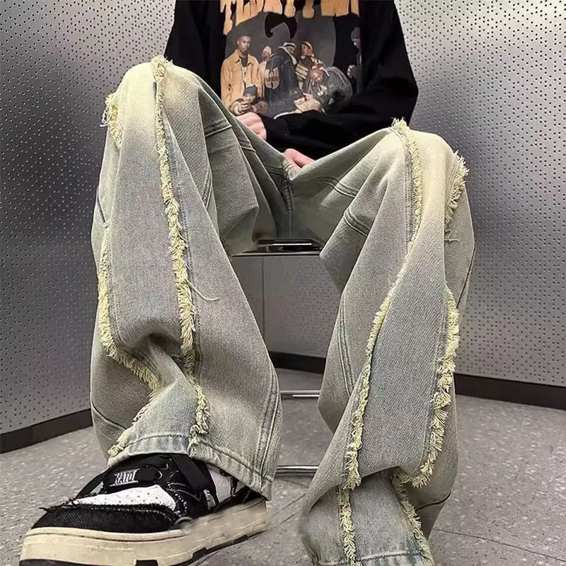 

Осень-зима, большие размеры, желтые облегающие джинсы с завышенной грязью, мужские широкие джинсы на молнии в американском стиле ретро