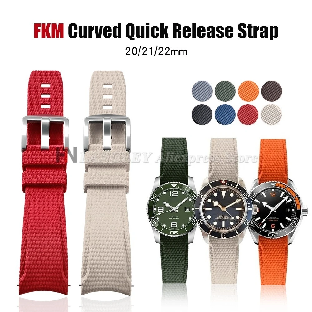 20mm 21mm 22mm Curved FKM Strap Universal Quick Release Fluoro Rubber Sport Bracelet Watch Band for Longines for Omega for Casio