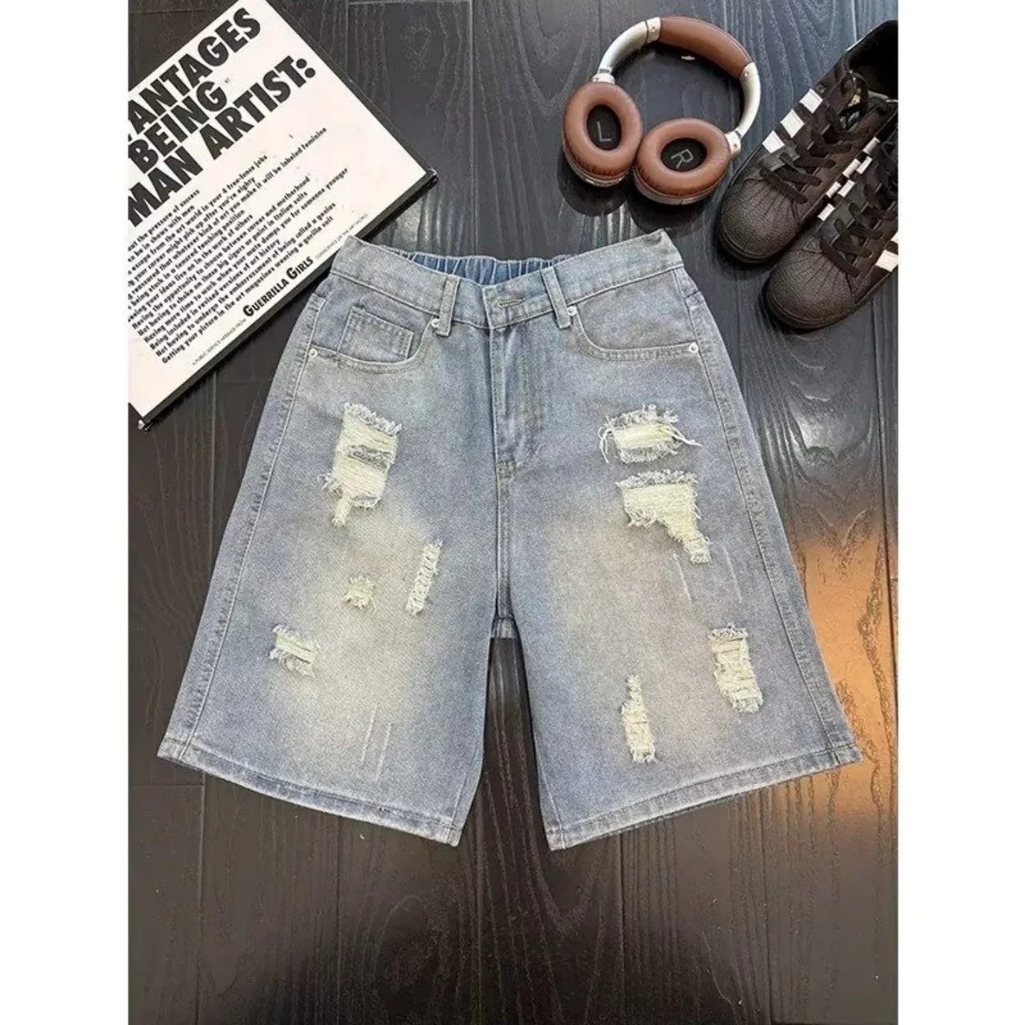 

Retro Washed Men's Denim Shorts Five-Quarter Length Hole Design Casual Loose Fit Summer Fashion Basic Men's Clothing