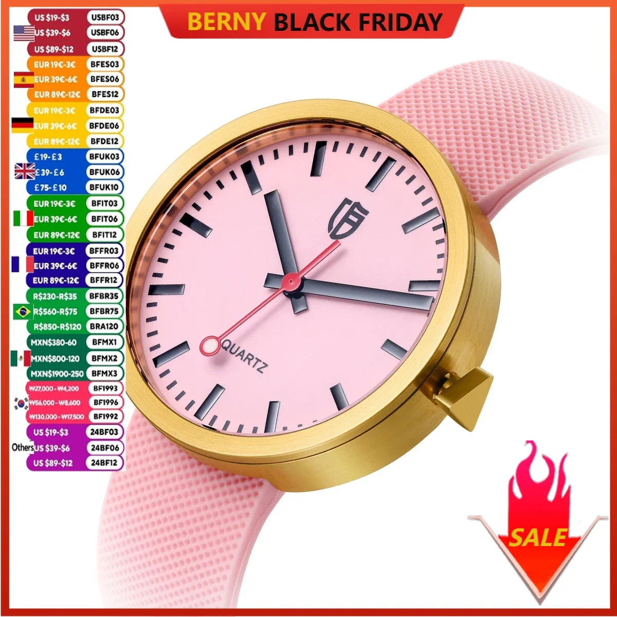 BERNY Watch for Women Simple Luminous RailRoad Dial Sapphire Quartz Wristwatch Fashion Casual Ladies Watches Stainless Steel