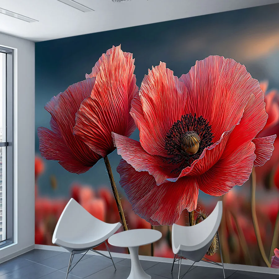 23+ Modern Wallpaper for Living Room Bedroom Walls Nature Home Decor, Floral Serene Poppy Field Blossom, Self Adhesive Optional