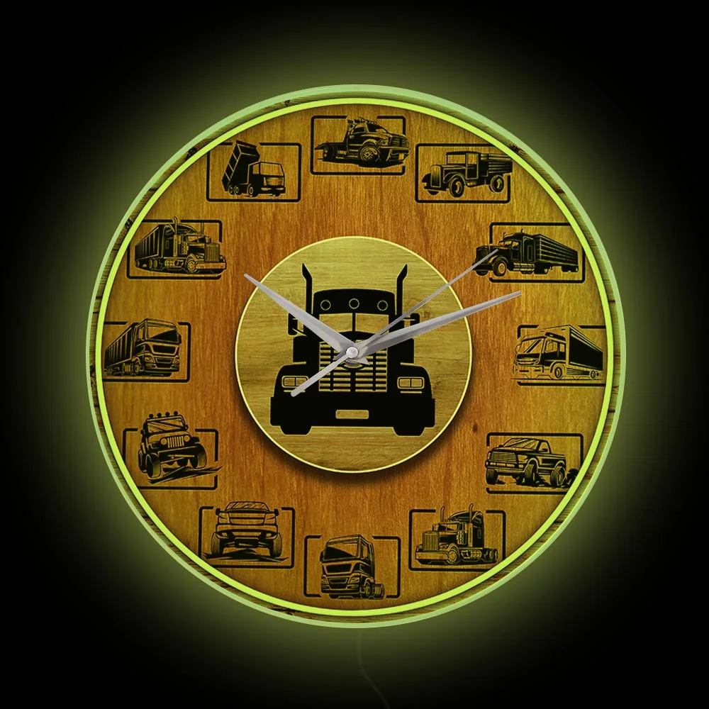 Construction Vehicle Sets Wall Clock With LED Backlight For Man Cave Truck Car Transportation Garage Decor Luminous Wall Watch