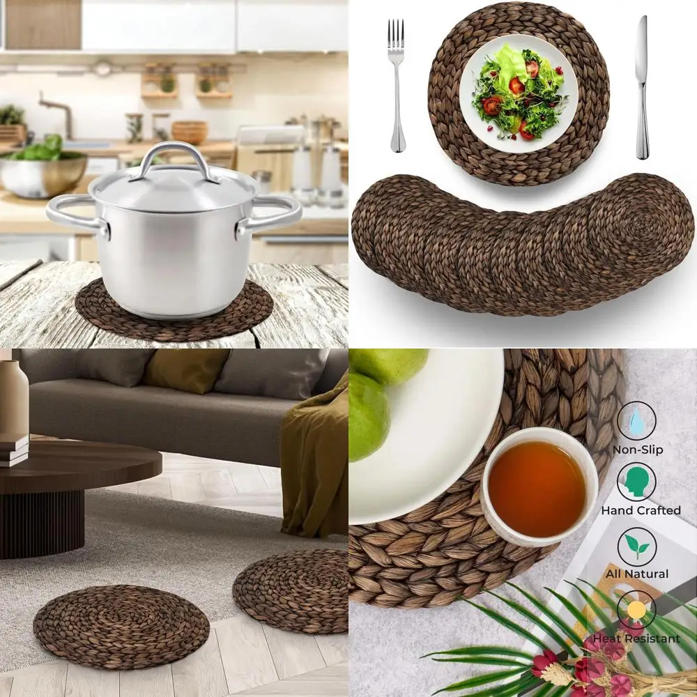

Round Natural Hyacinth Woven Placemats Set of 10, Durable Heat-Resistant Non-Slip for Dining Tables, 4 Sizes: 30.48cm-33.02cm-35