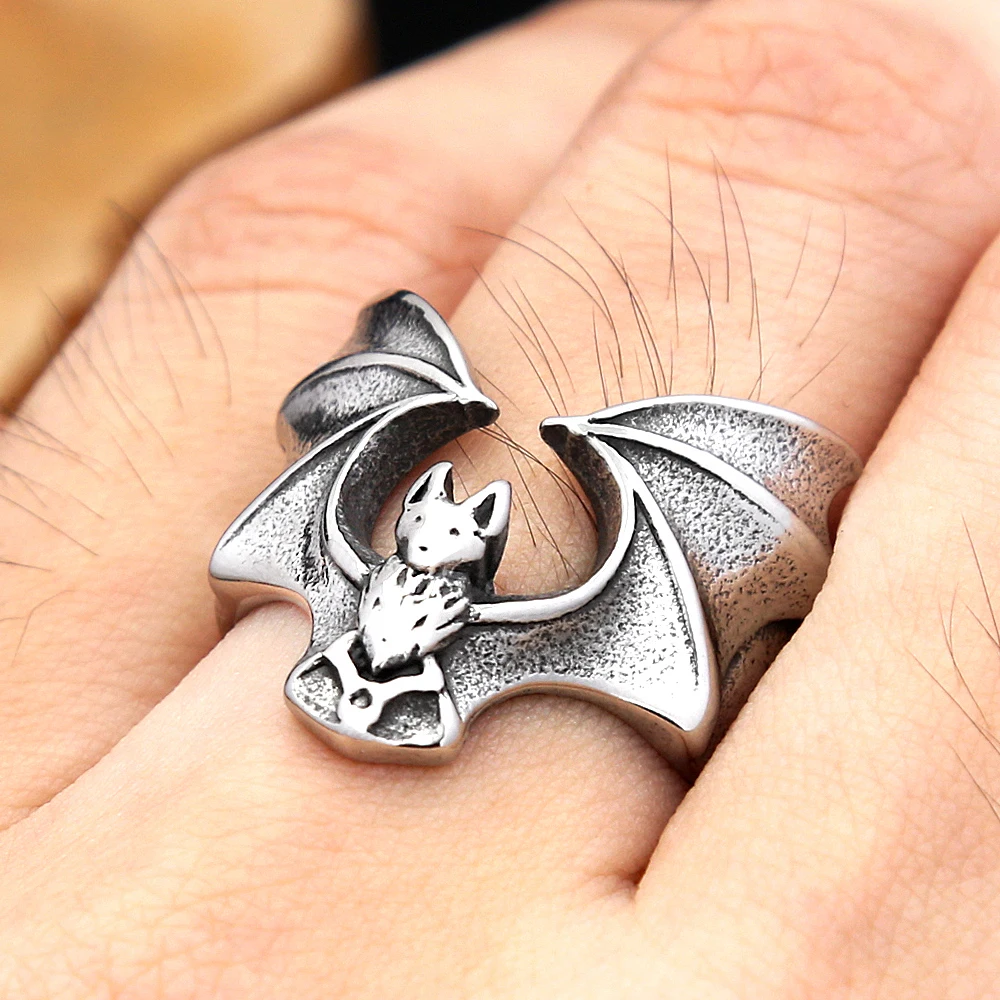 Vintage 316L Stainless Steel Bat Rings For Men Women Punk Gothic Open Wing Ring Halloween Cosplay Biker Jewelry Gifts Wholesale