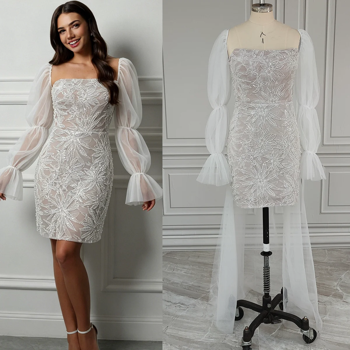 Long Bubble Sleeves Beading Mini Bridal Gowns Customized Big Size Detachable Tulle Train Square Beading Open Back Wedding Dress