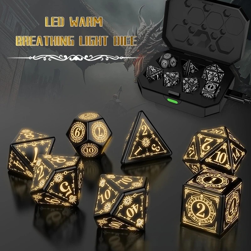 New LED Light Up Polyhedral Dice & Card Set Rechargeable for Party Festival Home Decor