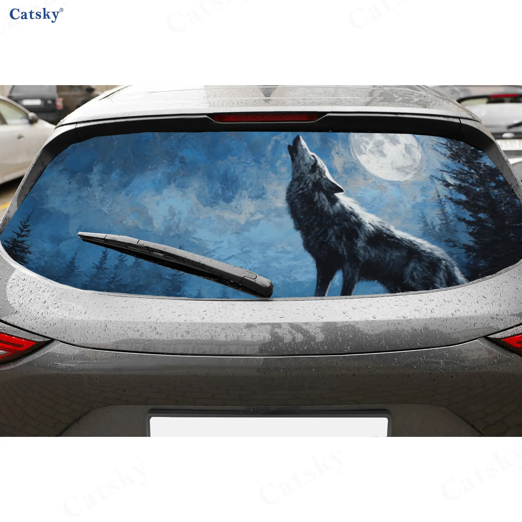 

Wolf Moon Forest Expedition PVC Perforated Car Vinyl Wraps, Durable Car Rear Windshield Sticker, Waterproof Car Rear Window Deca