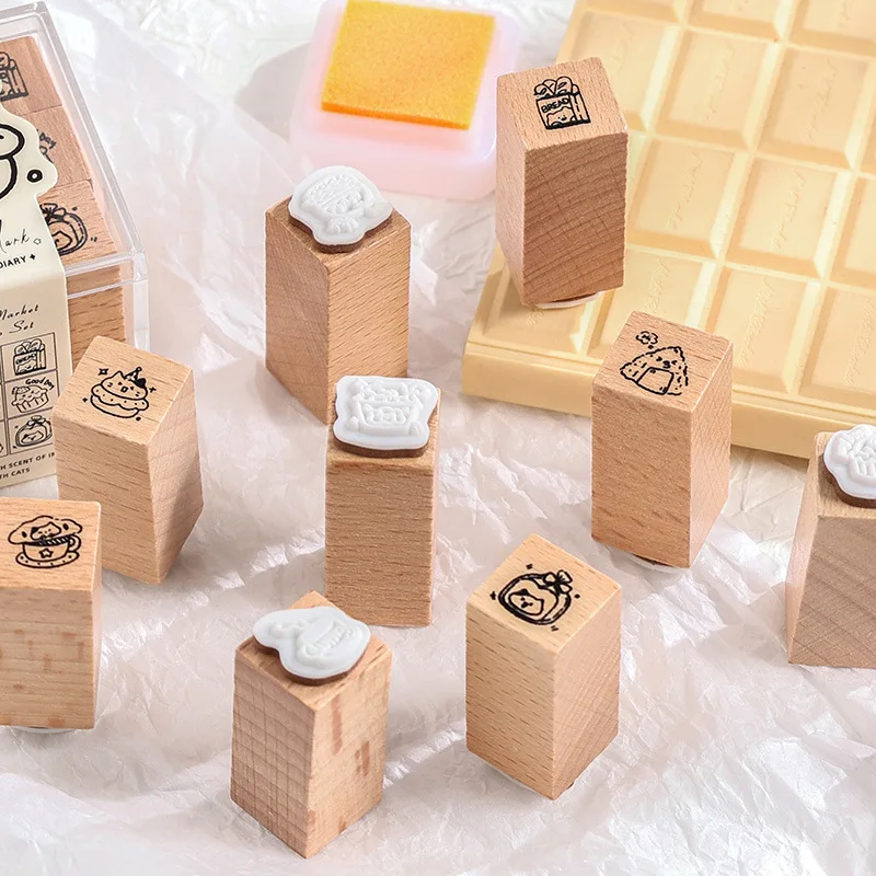 9pcs/1box Original wood color cartoon cute carved wooden rubber seal hand tent DIY decoration hand made Collage material