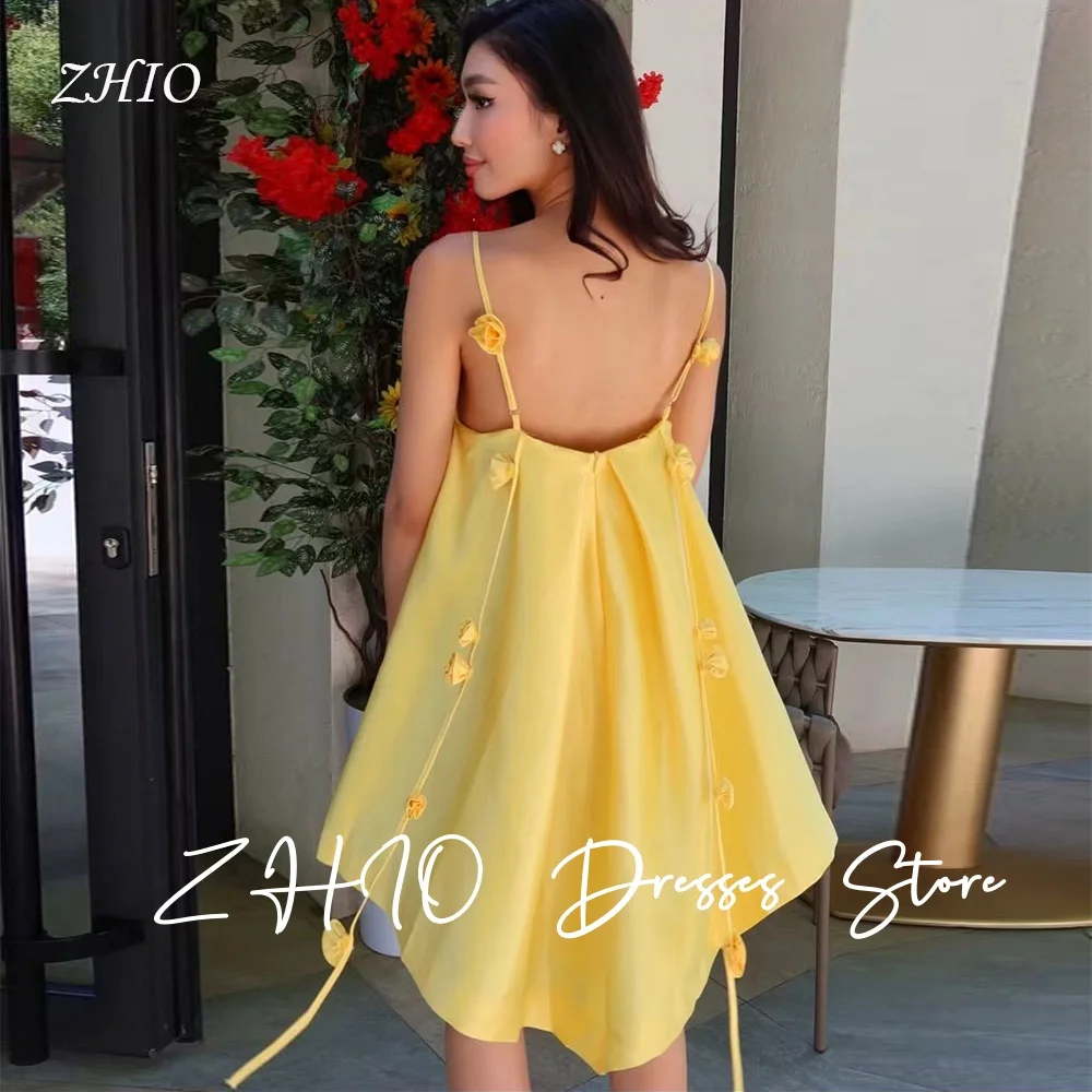 ZHIO Elegant Yellow 3D Flowers Spaghetti Strap Birthday Party Dress A-Line Satin Draped Special Occasion Short Dresses Custom