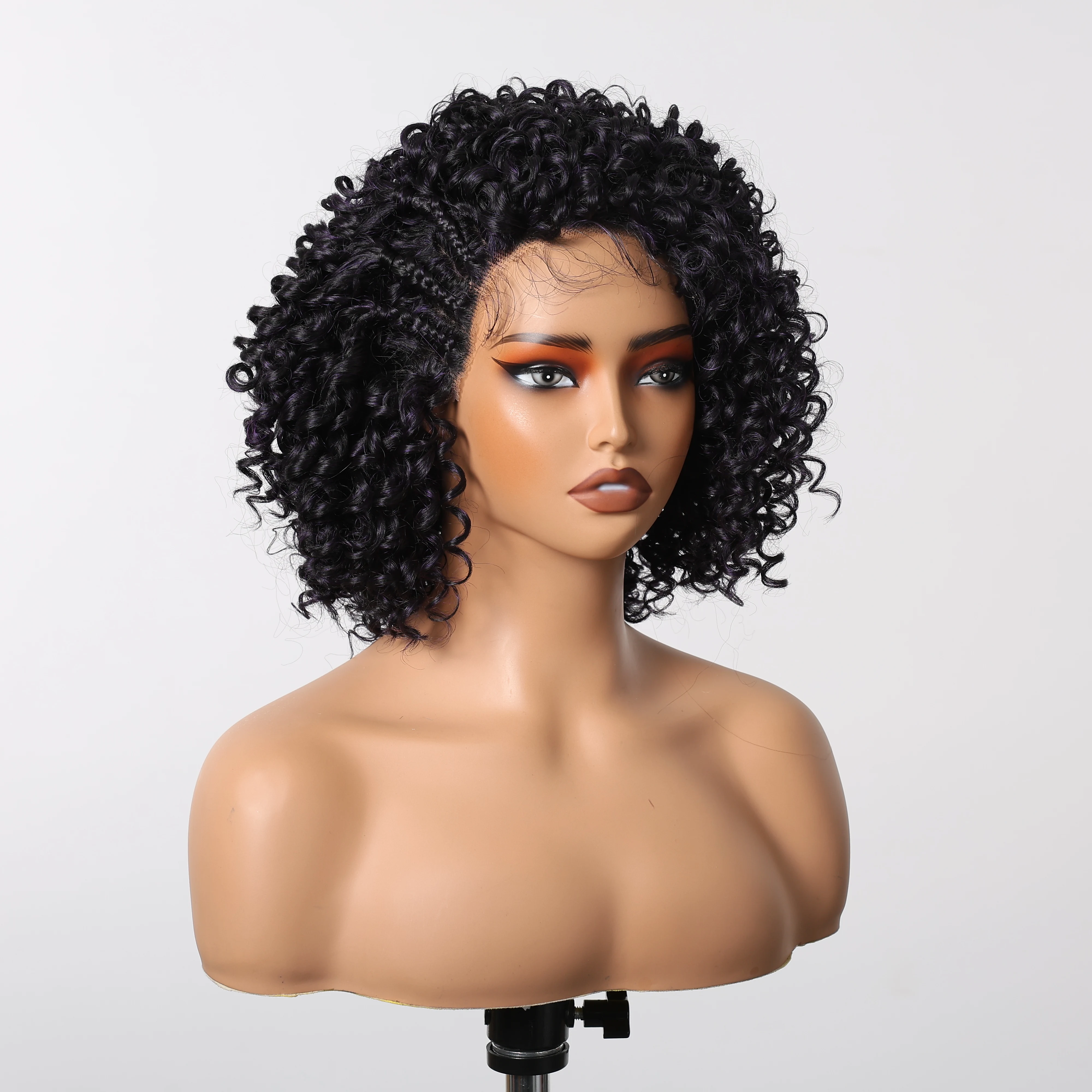 Short Deep Purple Kinky Wave for Afro Women Lace Front Braid Synthetic Wigs Clip Lace Hair Daily Curly Wigs Heat Resistant Fiber