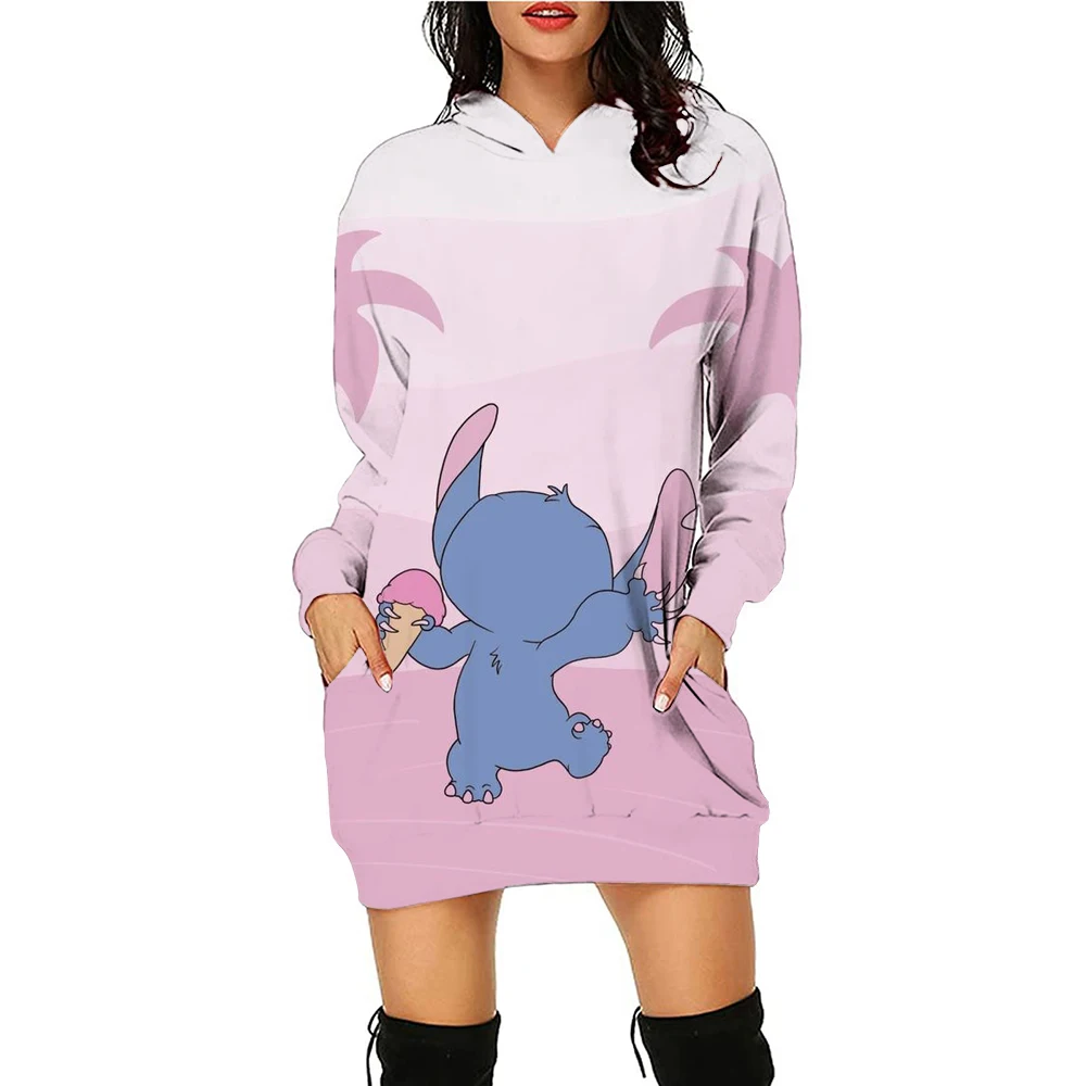 Women Disney Stitch print Hoodie Dress Long Sleeve Hoodie Casual Hooded Jumper Pockets Sweater Tops