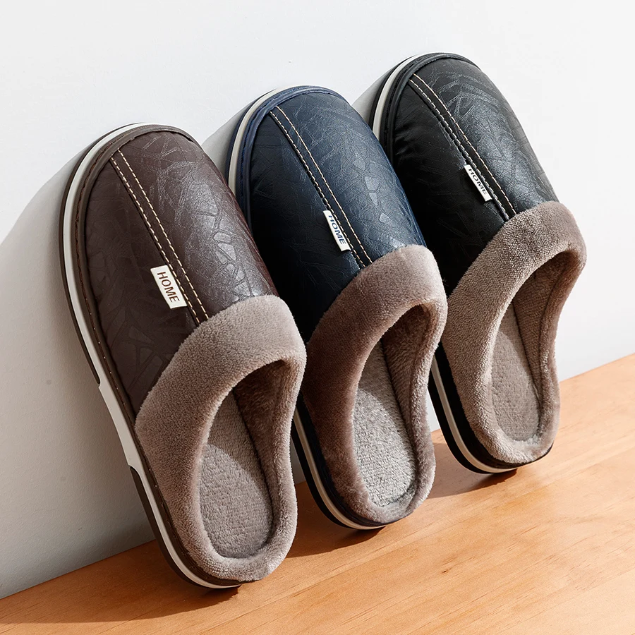 Big Size Men's slippers Winter Indoor Waterproof PU Leather Large Sizes Home Cotton shoes Fur Flat Cotton Bedroom Houseshoes