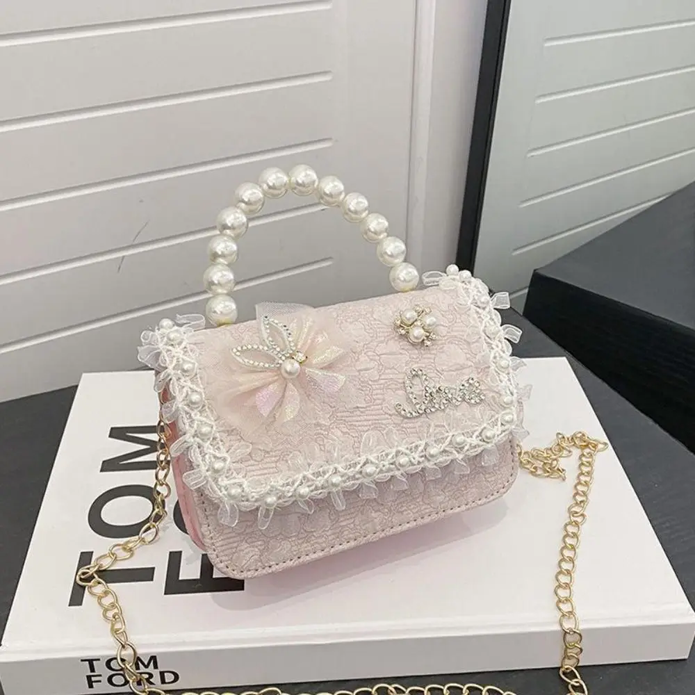 Fashion Pearl Lace Children's Crossbody Bag Lightweight Adjustable Girl Shoulder Bag Princess Handbag