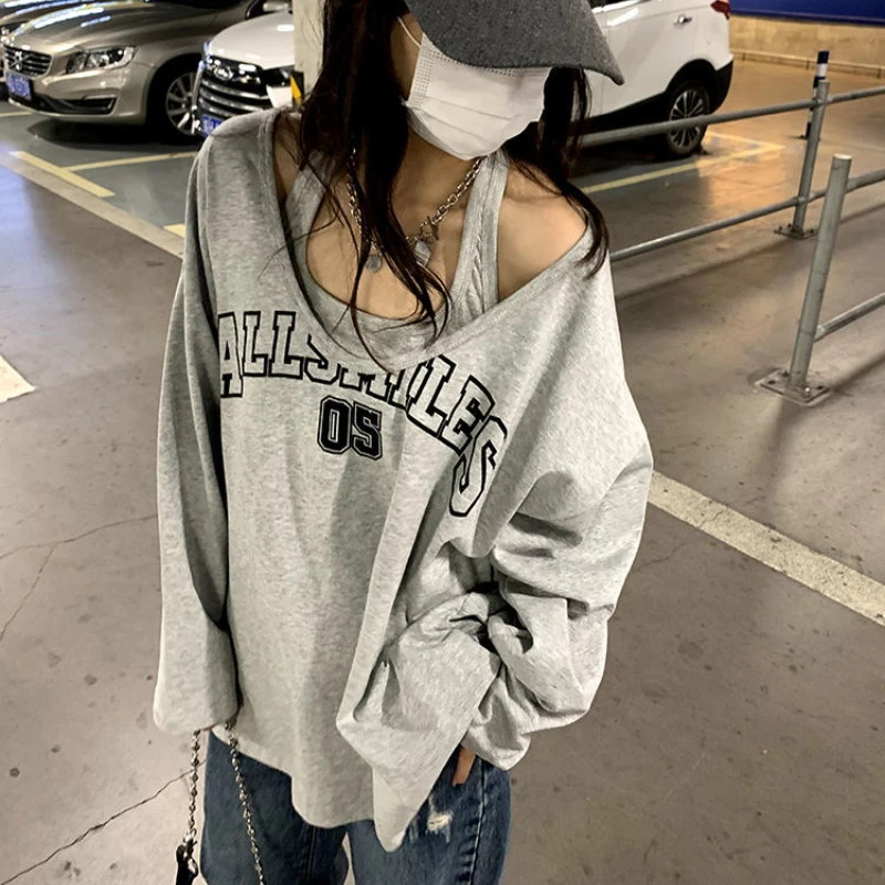 Y2k Baggy Halter Two Piece Sweatshirt Women Letter Print Loose Aesthetic Hoodies Women Retro Fashion Casual Streetwear Tops