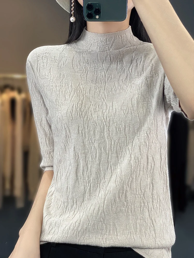 2023 Spring New Design Elegant, Simple, Lightweight Women's Half High Collar Short Sleeve European Fine Imitation Cashmere Sweat