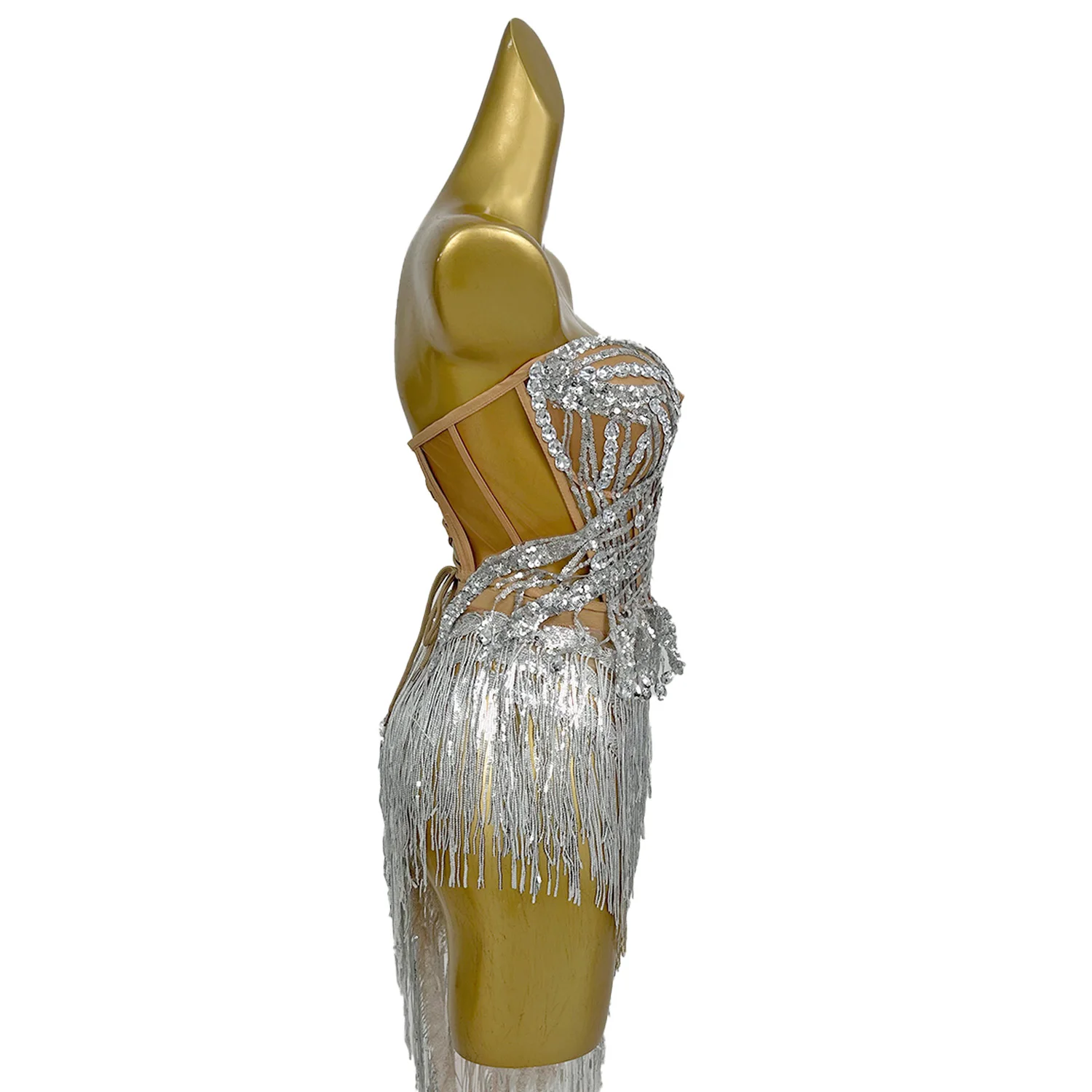 Sexy Women Sparkly Rhinestone Strapless Crop Tops Mini Skirt 2Pieces Set Nightclub Party Hot Girls Dance Tassel Mini Dress Set