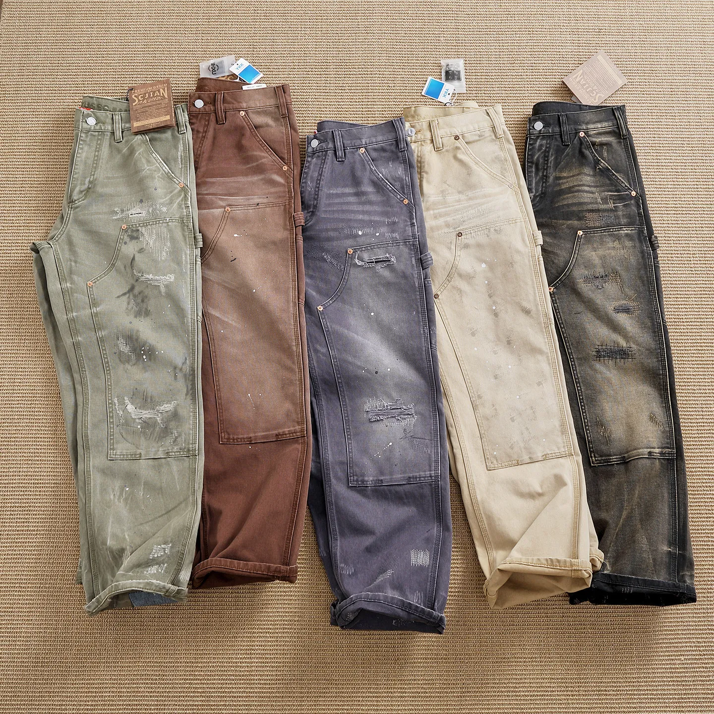 100% cotton heavyweight logging overalls men's distressed splash ink damaged patch pocket canvas straight pants