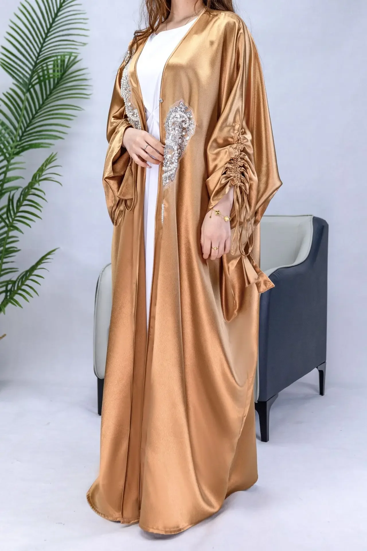 Kimono Abaya Muslim Dubai Turkey Satin Beading Hijab Dress Plain Open Abayas for Women Arabic Party Kaftan Robe Islamic Clothing