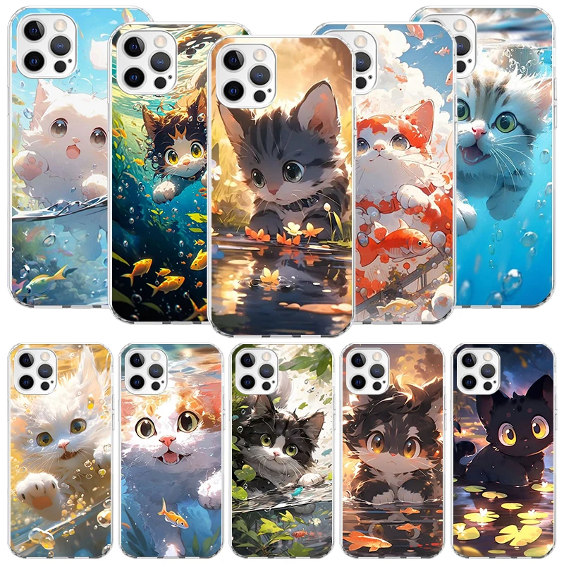 Cartoon Cute Cat Fish Aesthetic Phone Case For iPhone 16 15 Plus 11 14 Pro Max 13 12 Mini XS X 7 8 + SE Pattern Customized Couqe