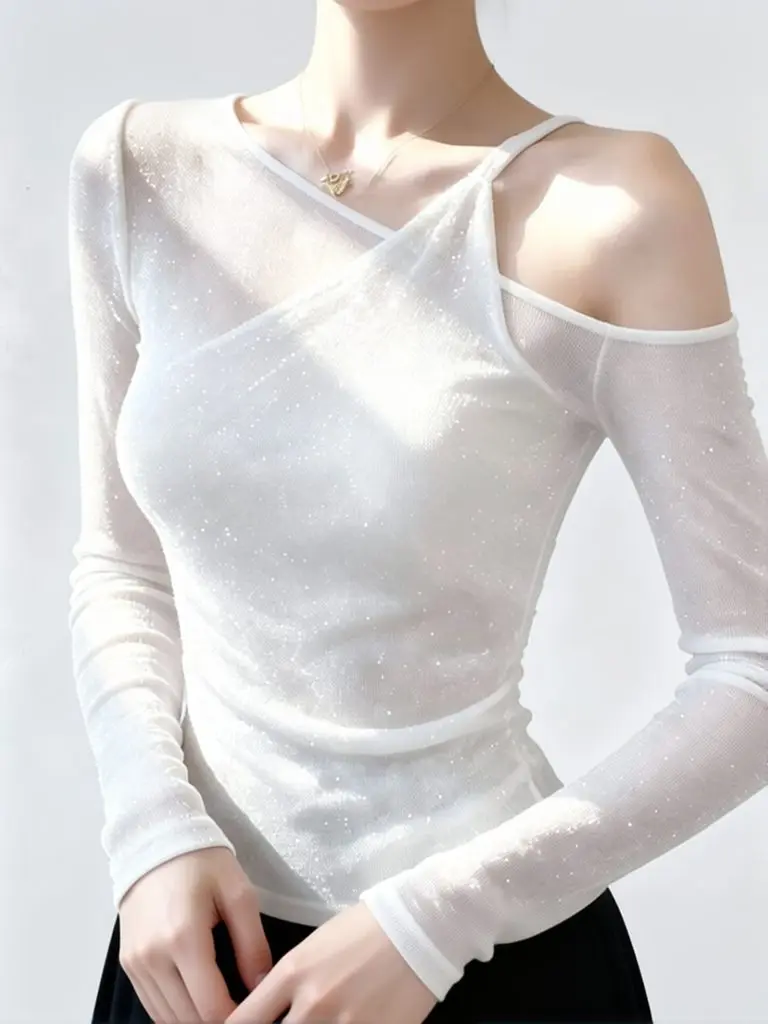 Sequin Fake Two-piece Off-shoulder Long-sleeve T-shirt Women White Basic Sheer Mesh Tops Sexy See Through Clothes