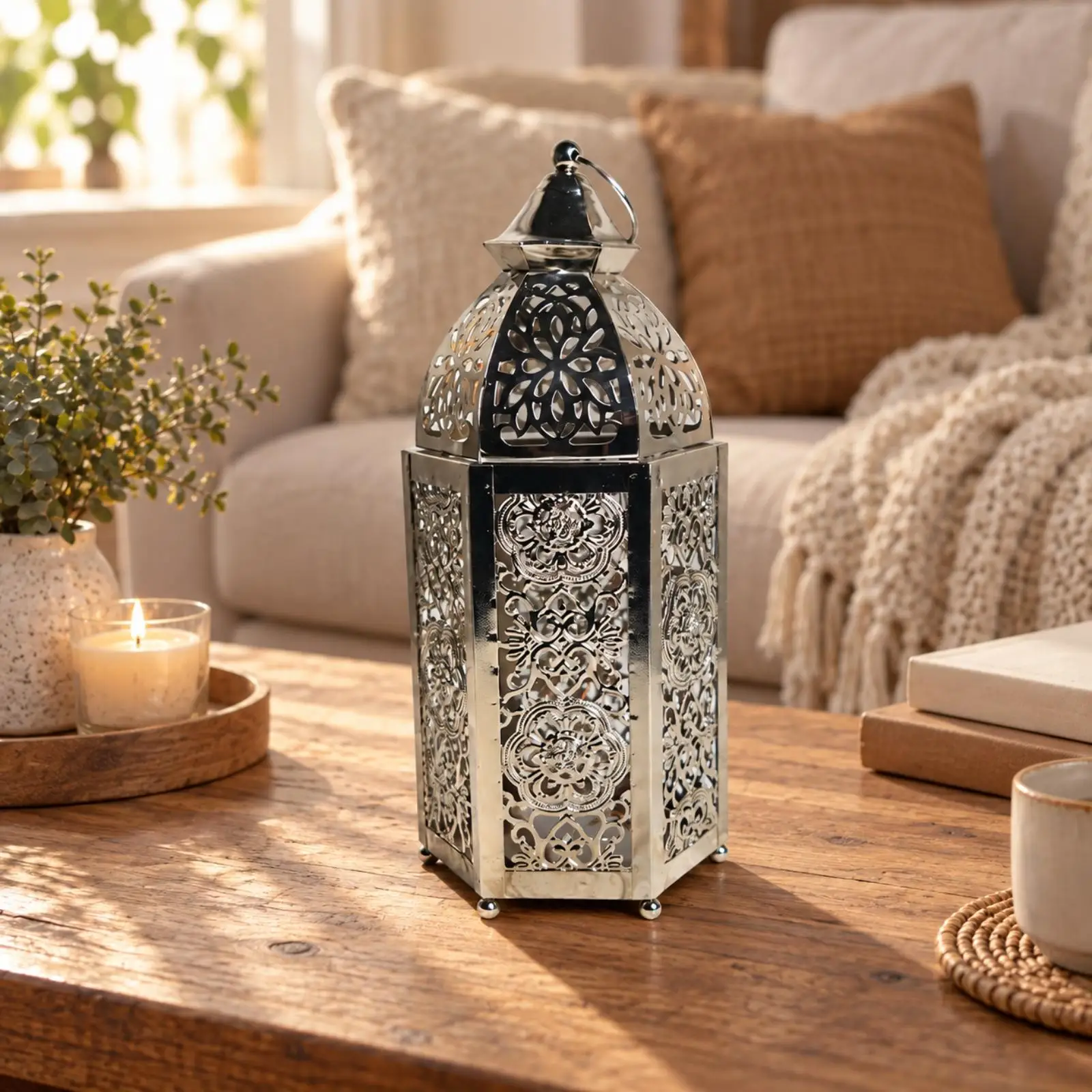 Decorative Metal Candle Lanterns Openwork Hexagonal Lantern with Loop Handle Pierced Metal Candle Lantern Elegant Freestanding