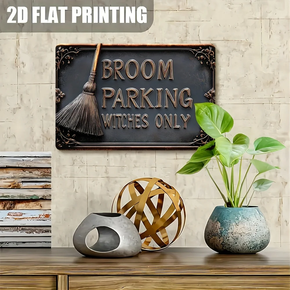 2D Plane Retro Witch Broom Parking Metal Copper Sign – 8x12 Aluminum Funny Halloween Porch Decor, Whimsical Magic Themed Gift fo