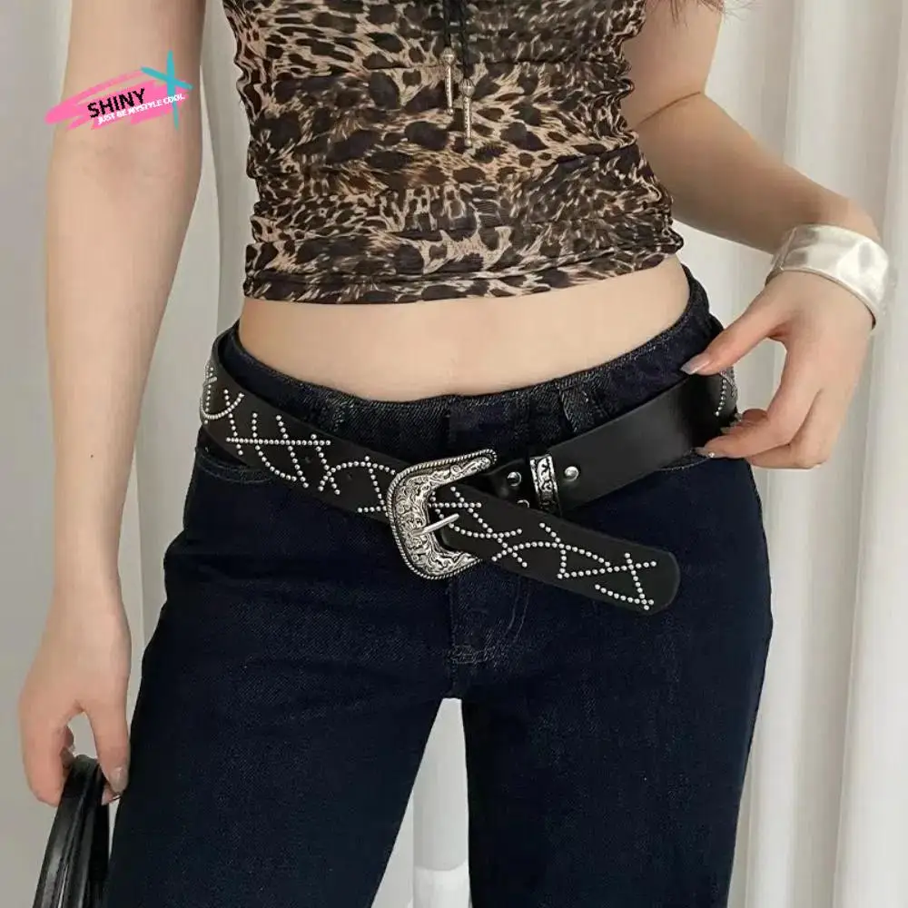 

High-End Korean Women's Belt Gothic Leather Buckle Waist Belt Rivet Y2k Dress Jeans Belt Ladies/Girls