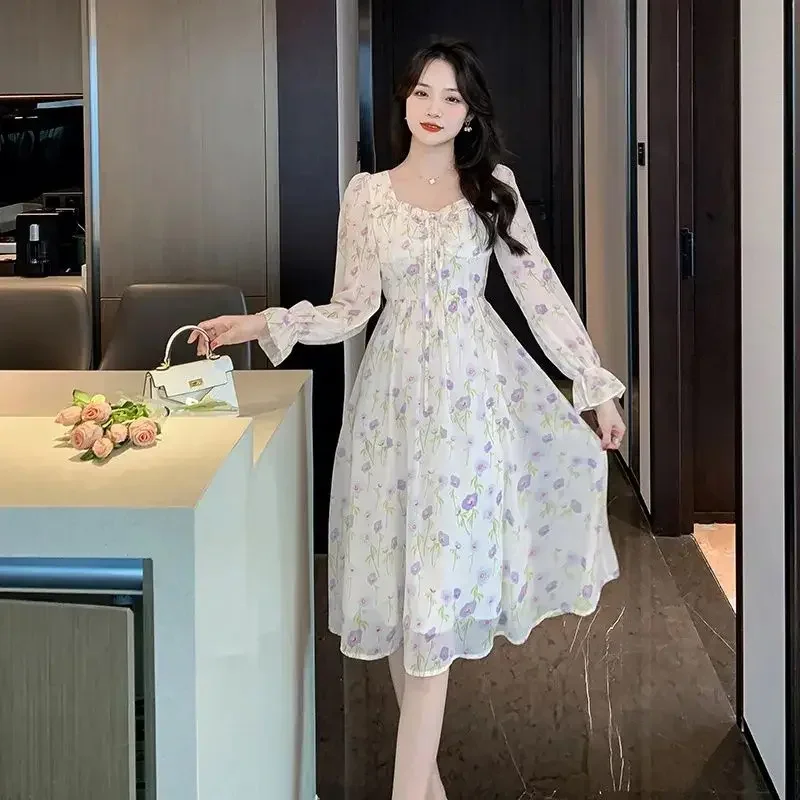 Midi Dresses for Women Chiffon Splicing Fashion Summer 2025 Woman Long Sleeve Dress Aesthetic Korean High Quality Luxury Loose X