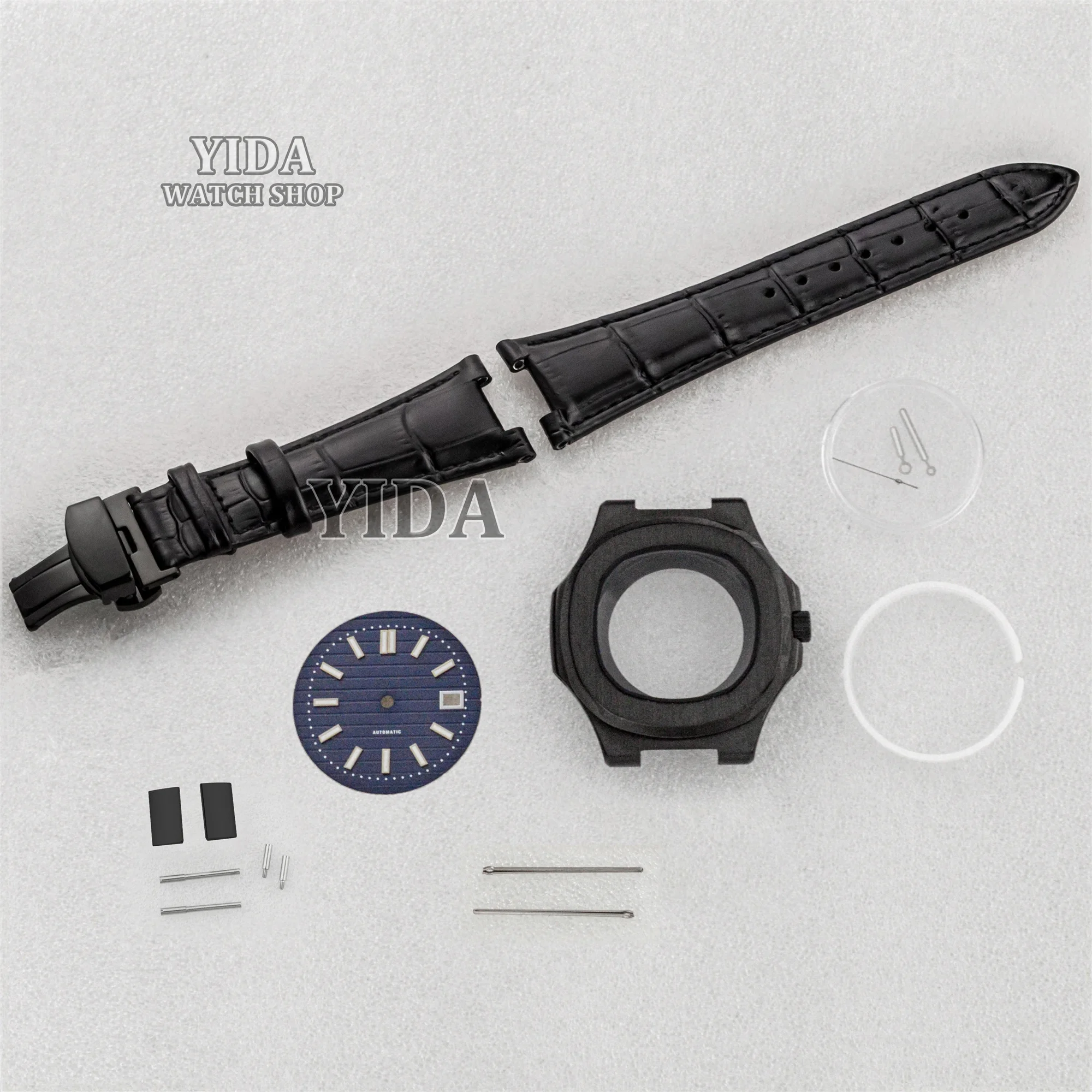 

41mm Black Watch Case Genuine Leather Strap Green Luminous Dial Hands Sapphire Glass Waterproof Case Fit Nautilus NH35 Movement