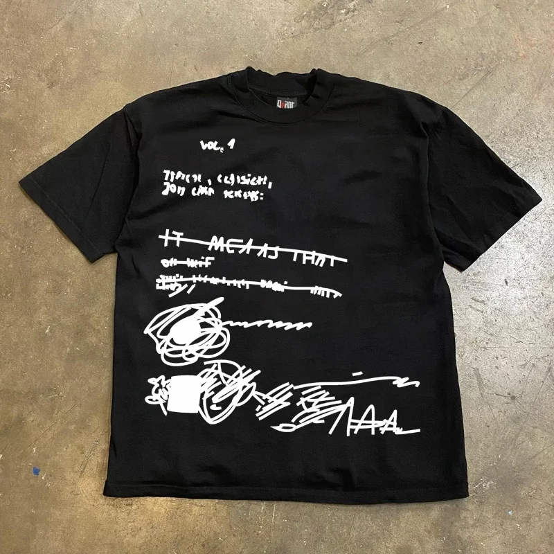 

Футболка из чистого хлопка 260 г/м² с коротким рукавом, с уникальным дизайном «Неряшливый текст», для студентов и пар, повседневная одежда