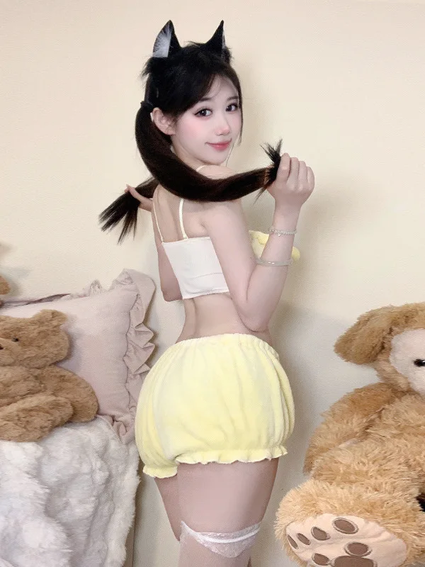 2024 New Fashion Sexy Cute Plush Animated Pattern Soft Sling Short Top+anime Cosplay High Waisted Pumpkin Shorts Set NF8S