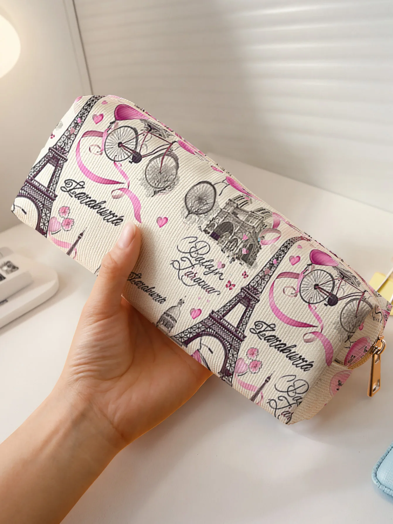 Paris Eiffel Tower Pink Heart Print Zipper Pencil Bag Cute Student Stationery Pouch Portable Cosmetic Storage Case