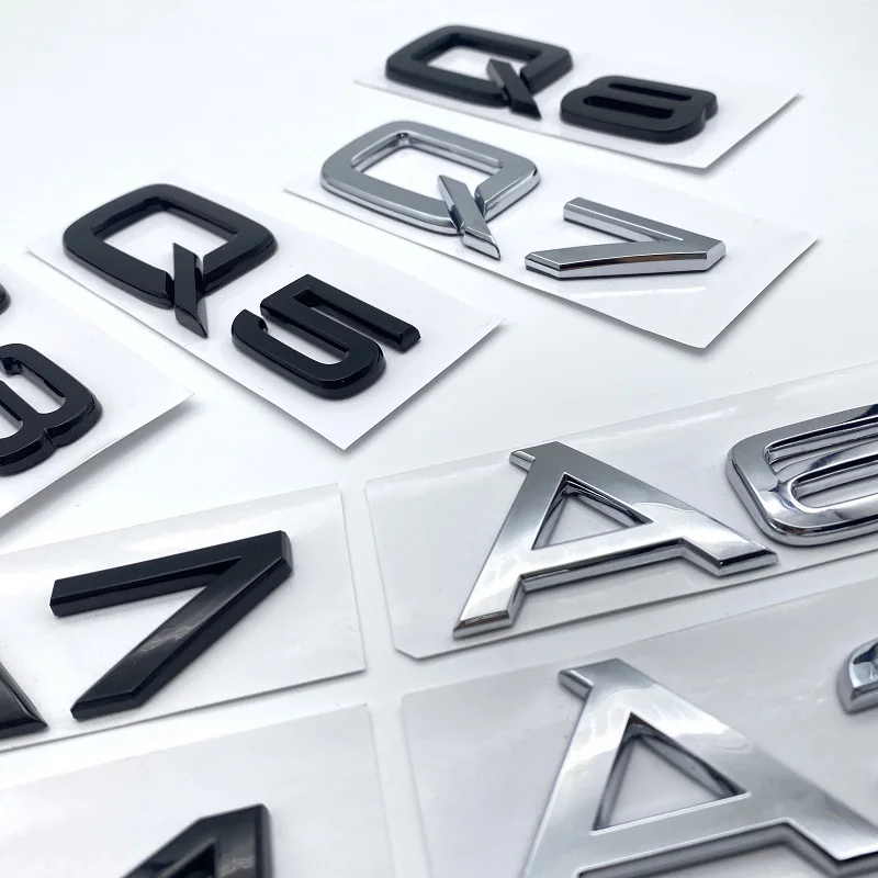 3D Letters Numbers Emblem for Audi A3 A4 A5 A6 A7 A8 Q2 Q3 Q5 Q7 Car Trunk Lid Nameplate Badge Logo Sticker Chrome Glossy Black