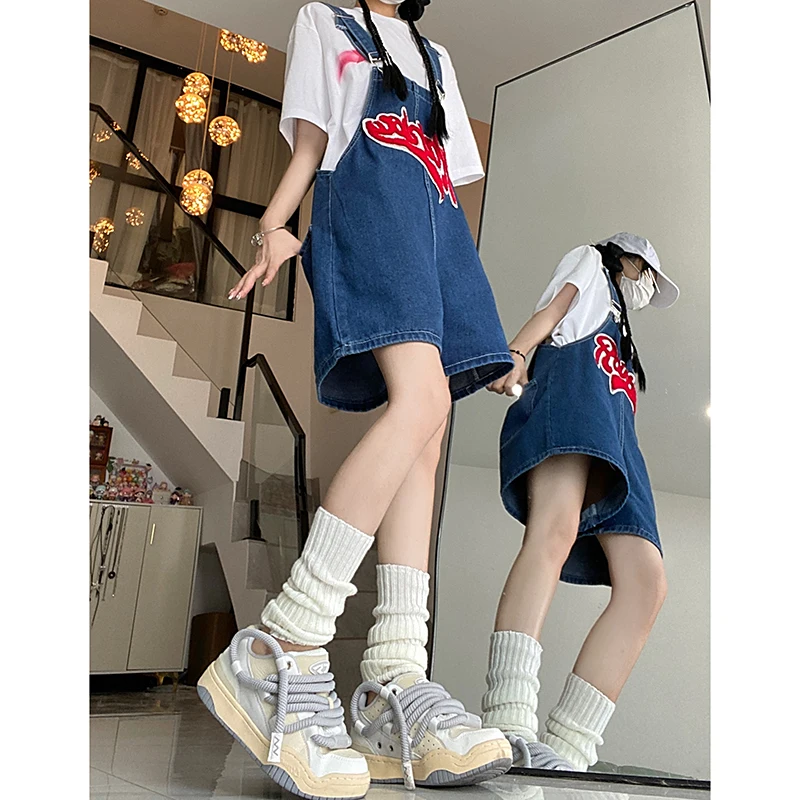 Женская уличная одежда, кавайные джинсовые шорты, комбинезоны, женские модные широкие джинсы с вышивкой, женская одежда Y2k, темно-синие брюки