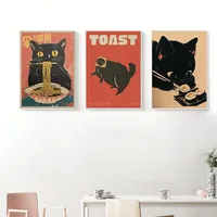 Cat Eating Japanese Ramen Sushi Poster Funny Cute Kitten Eating Toast Illustration Vintage Japanese Home Decor Wall Art