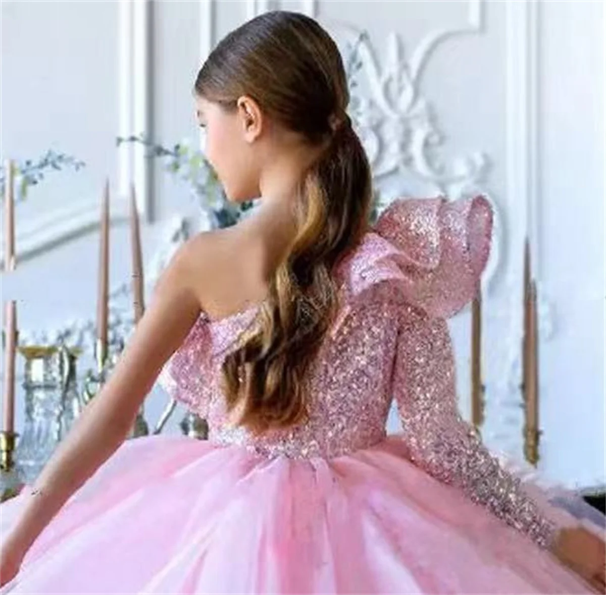 Vestido de niña de flores rosa de manga corta con lentejuelas esponjosas adorno de cristal flor de boda vestido de fiesta de comunión para niños