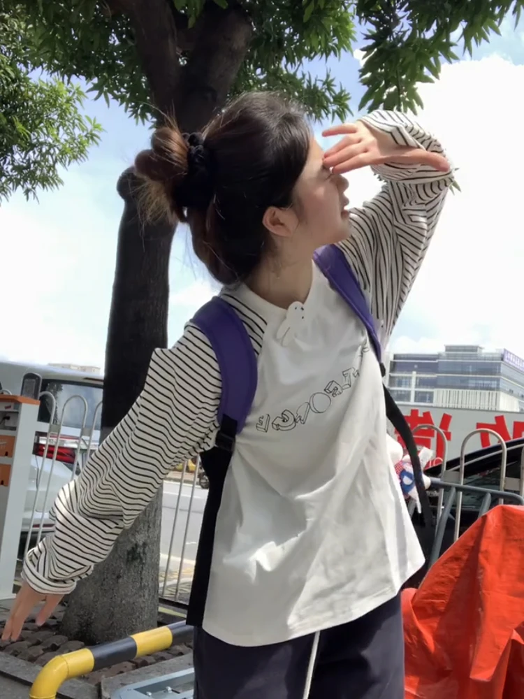 T-shirt lunga casual a righe Sve da donna vestibilità ampia dimagrante pigro versatile top in puro cotone confortevole traspirante autunno ne...