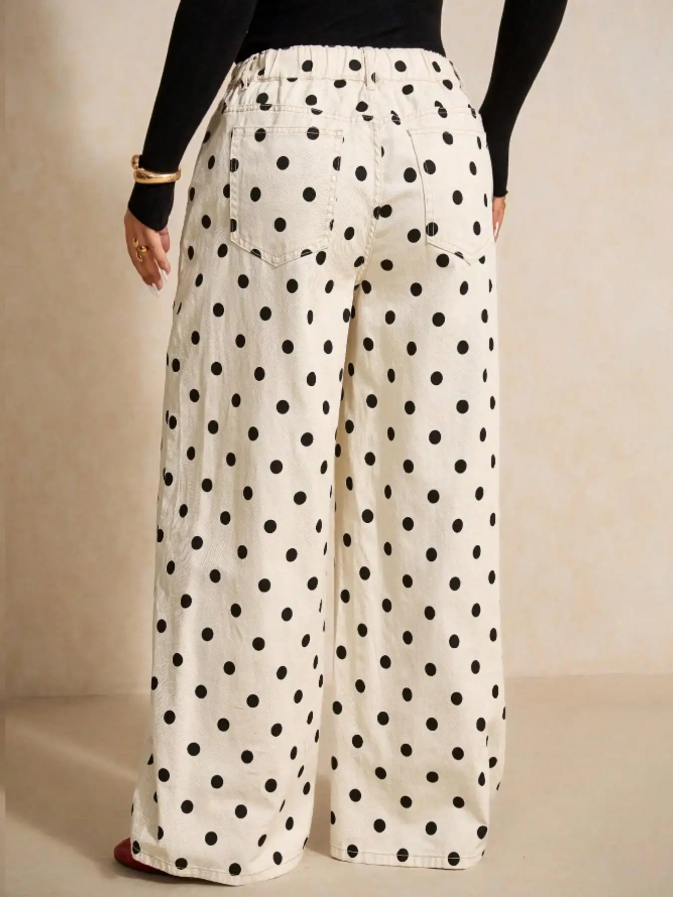 Plus Size Women Polka Dot Wide Leg Jeans, High Waist Double Button Loose Baggy Dotted Denim Trousers, Curvy Casual Pants