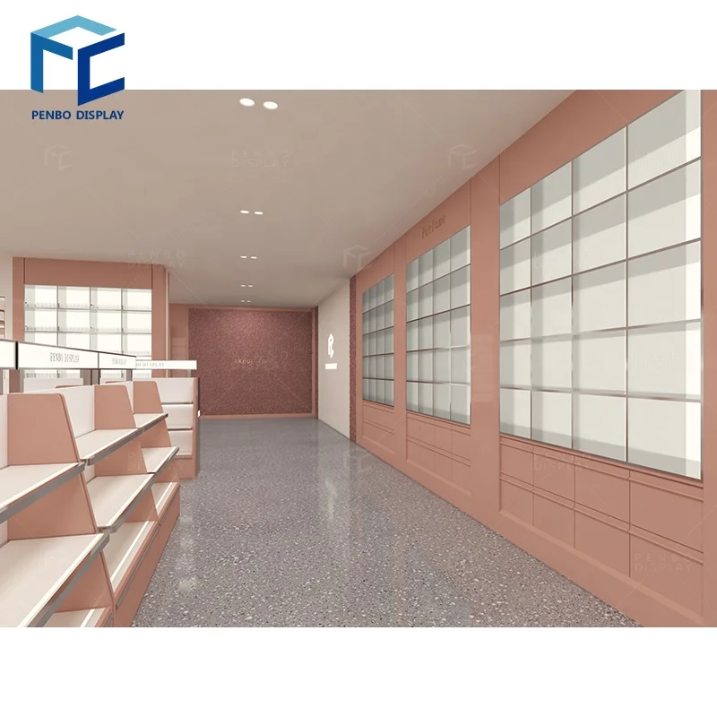 custom.Makeup Cosmetics Shop Decoration Interior Design Furniture Cosmetic Display Shelf Wooden Showcase Shelf