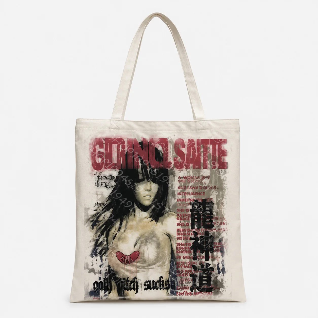 Grunge Gothic Anime Girl Canvas Tote Bag, Vintage Distressed Poster Print Large Shoulder Handbag Streetwear Casual Shopping Bag