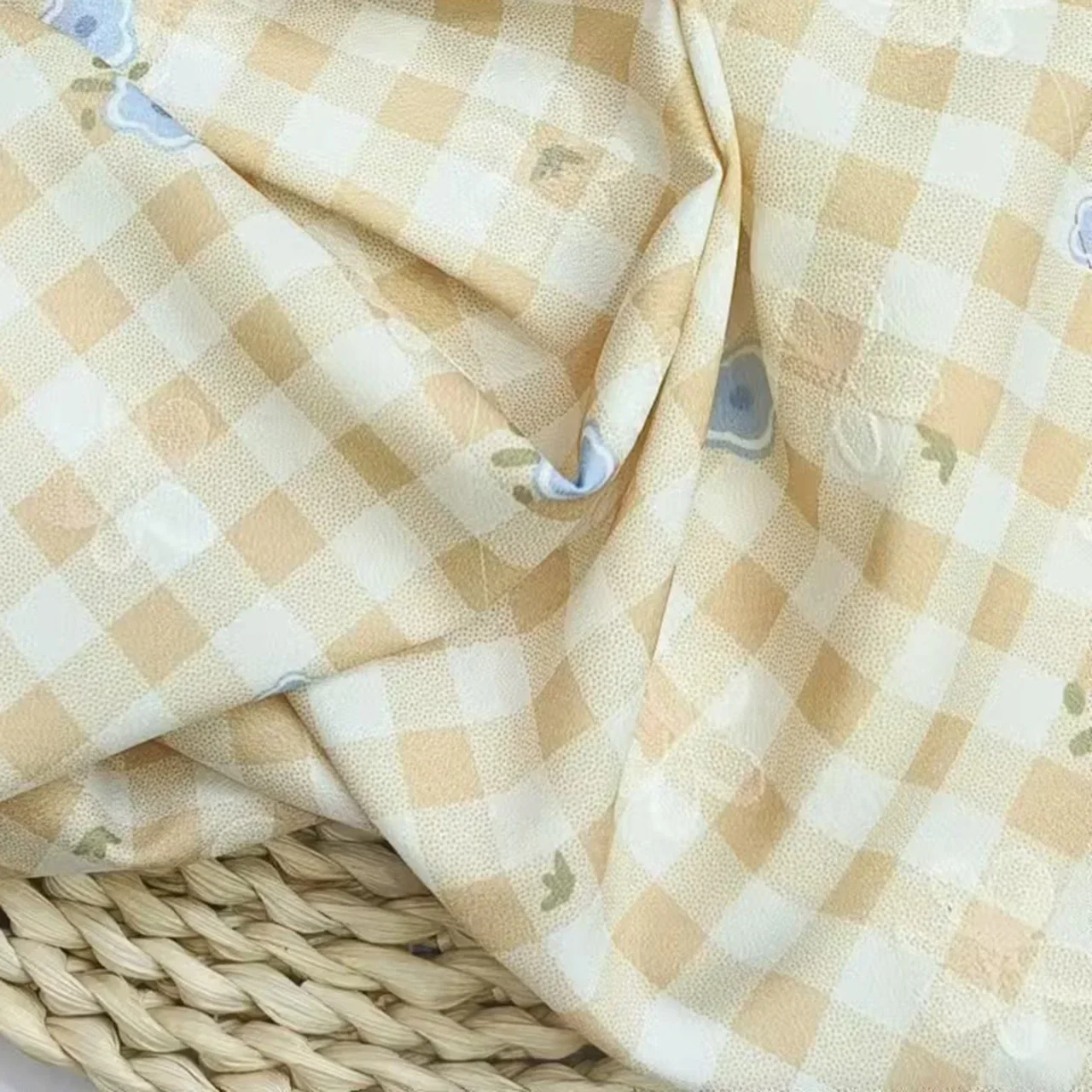 Polyester Digital Printed Fabric, Colorful Dopamine Grid Small Flower Children's Clothing Printed Handmade DIY Clothing Fabric
