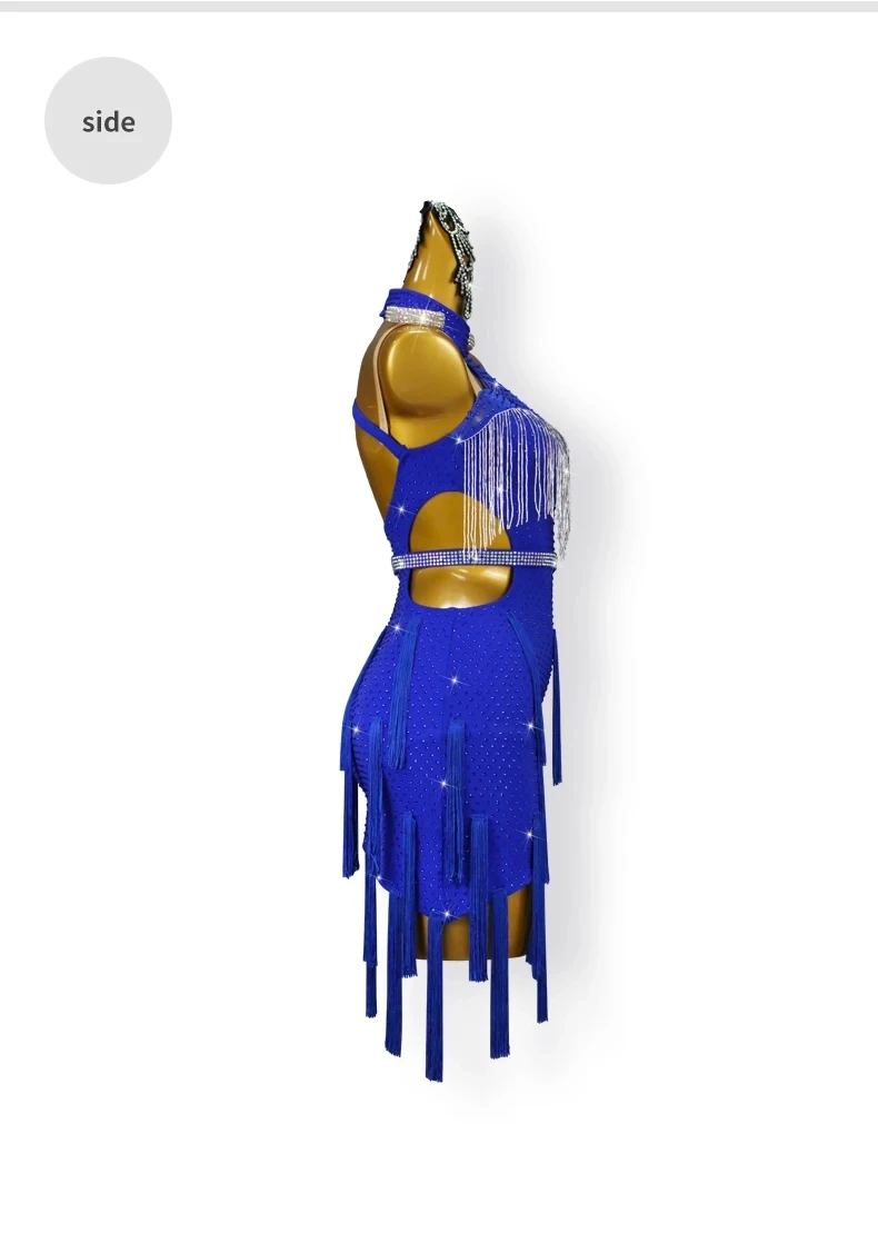 Blaues Latein-Tanzkleid, Damen-Trainingskleidung, Tanzbekleidung, sexy Rock, Ball-Wettkampfanzug, elegantes Partykostüm, Sportbekleidung. – Detail 9