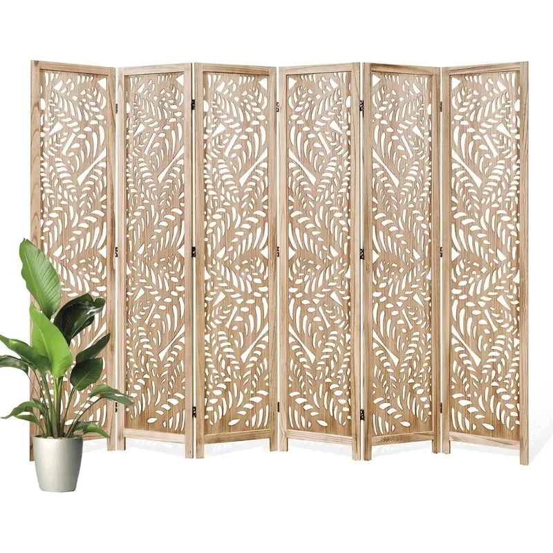 Leaf Carved Room Divider Privacy Screen 67 Inch Tall Foading Decorative Wood Screen Dividers Panel for Home Natural Wood Room