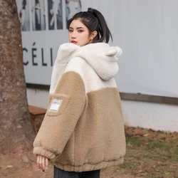 Thicke Lamb Wool Jacket for Women, Loose Overcoat, Hooded Cotton Clothes, Female Stitching Warm Parka, New , Autumn Winter, 2023