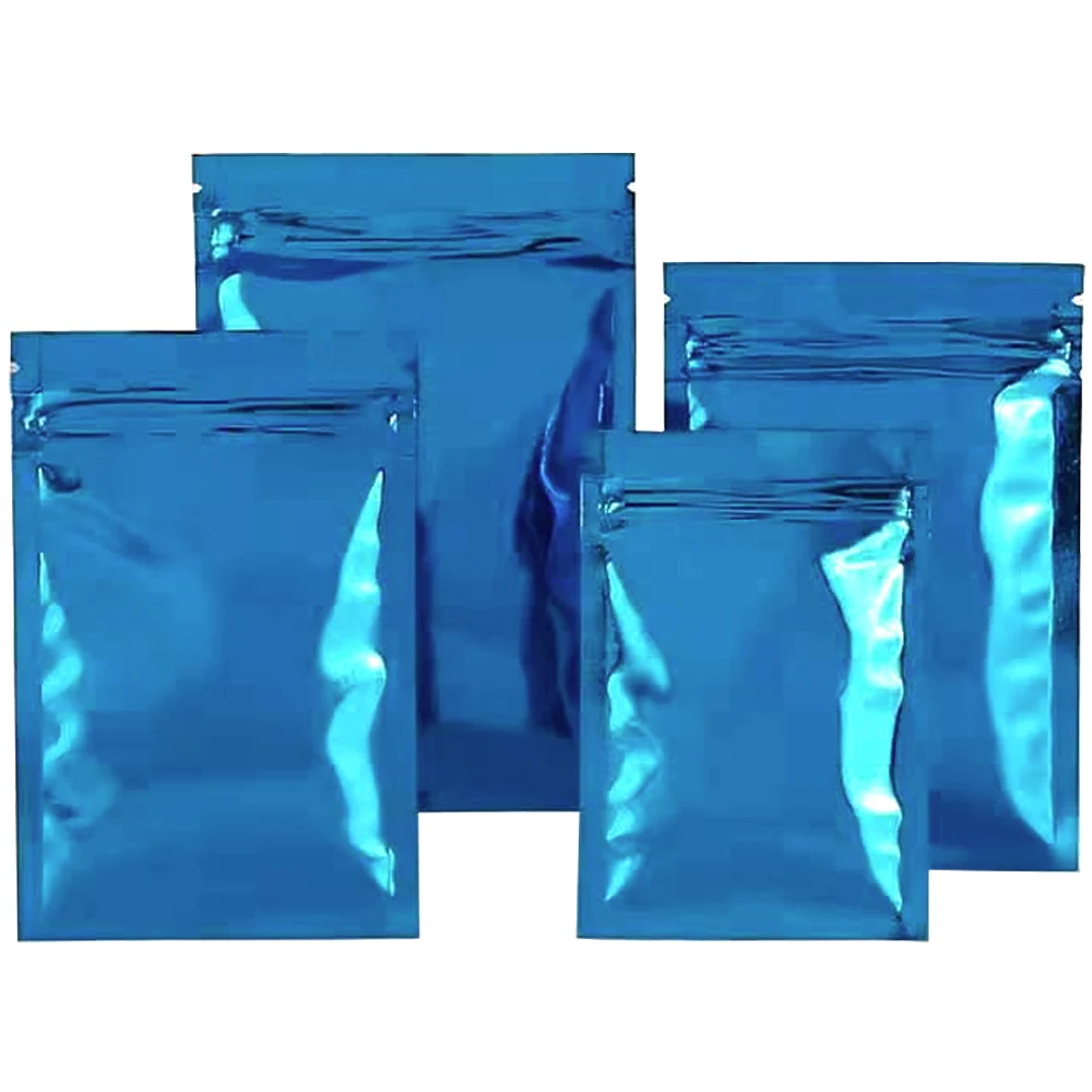 100Pcs Tear Notch Flat Reclosable Food Nut Tea Candy Storage Packaging Pouches Glossy Blue Mylar Foil Zip Lock Grip Seal Bag