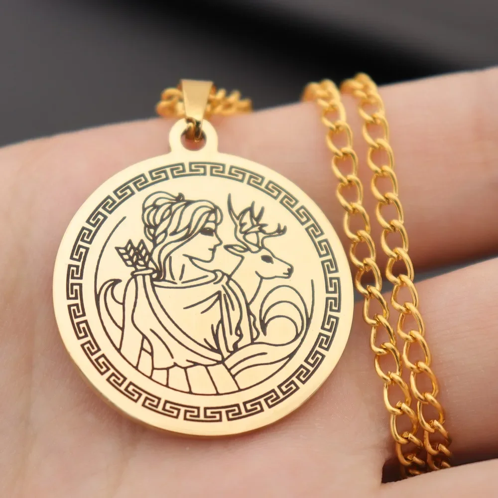 New Vintage Ancient Greek Hunting Goddess Artemis Round Pendant Stainless Steel Necklace Fashion Hip Hop Accessories Jewelry
